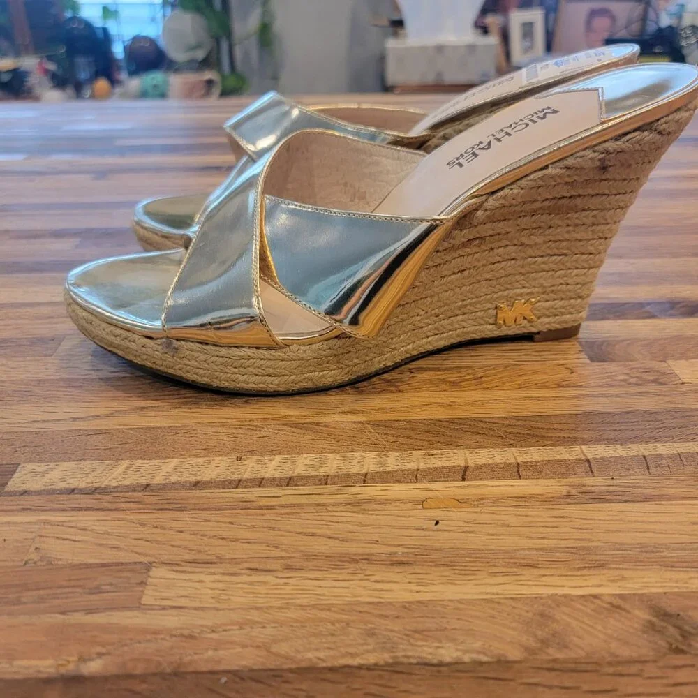 Michael Kors MK Logo Silver Espadrilles Wide Criss cross Strap 4